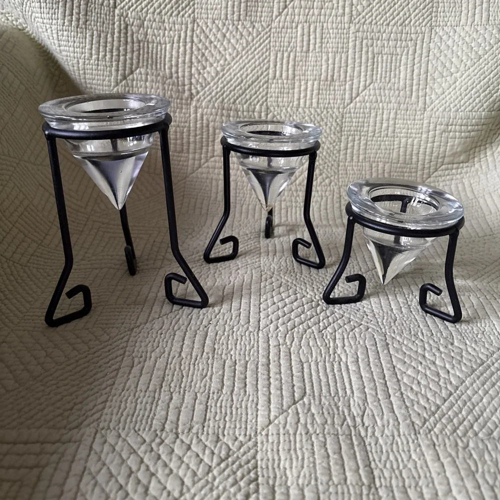 Vtg MCM Wrought Iron Glass Tea Light Holders Set of3 Glass Cone Votives Graduate